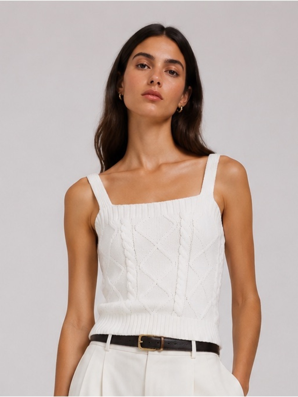 Lascana white cable knit minimalist wide strap sweater tank. 4/6
